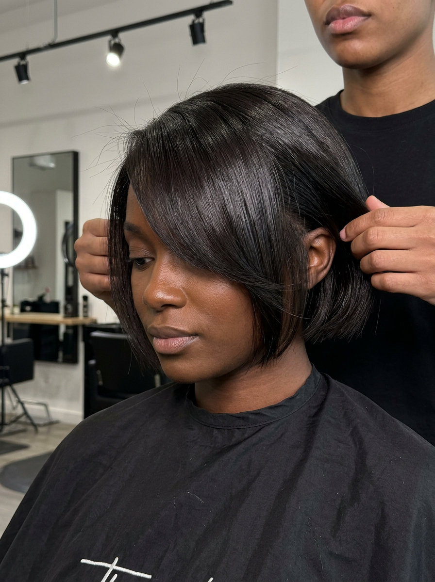 short sleek bixie haircut in deep espresso brunette, subtle undercut, sweeping fringe — edgy