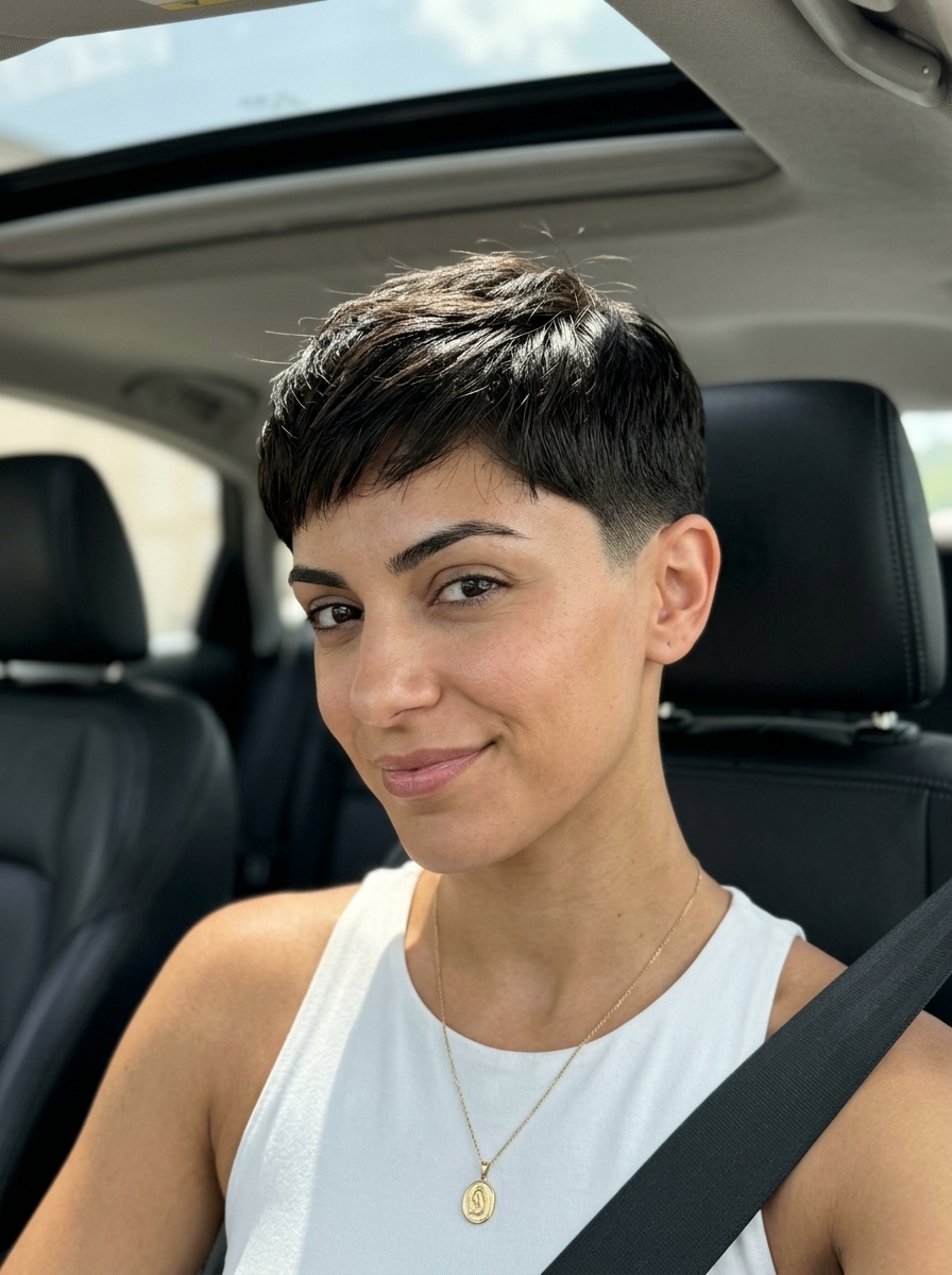 short sculpted dark brown crop with textured top and tapered sides for edgy style