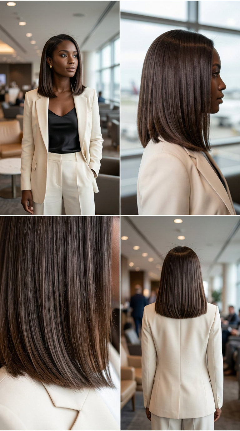 shoulder-length espresso roast brunette blunt lob with high shine for work