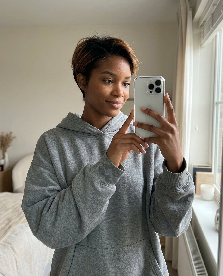 very short pixie haircut with deep espresso to caramel ombré, subtle layering for movement — sophisticated daily wear