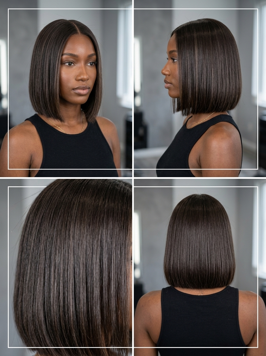 chin-length blunt bob haircut with deep espresso brunette, subtle ash babylights, blunt cut — professional