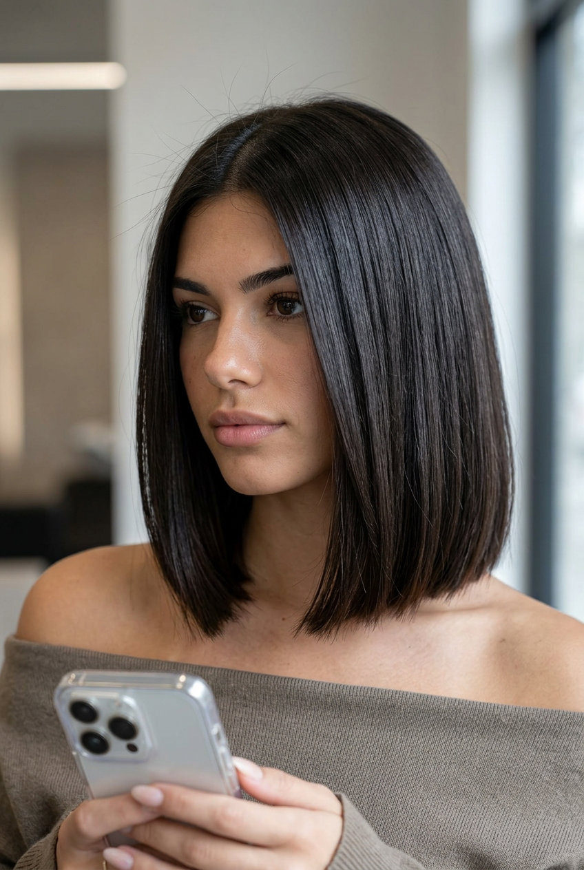 collarbone-length bob haircut with espresso brunette, blunt perimeter, razor-sharp ends for professional