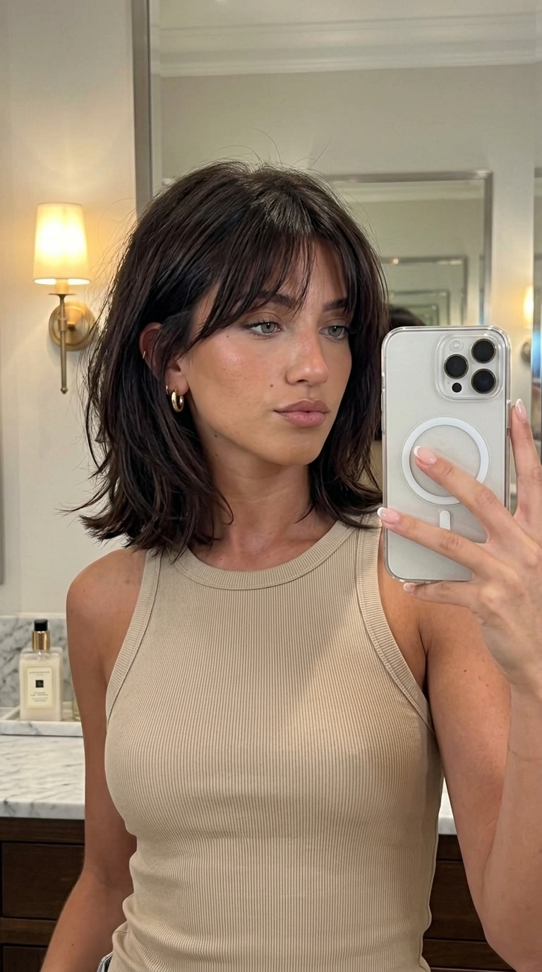 Retro Espresso Choppy Bob 2026 collarbone-length choppy bob haircut with deep espresso & chocolate balayage, textured layers & airy fringe for weekend