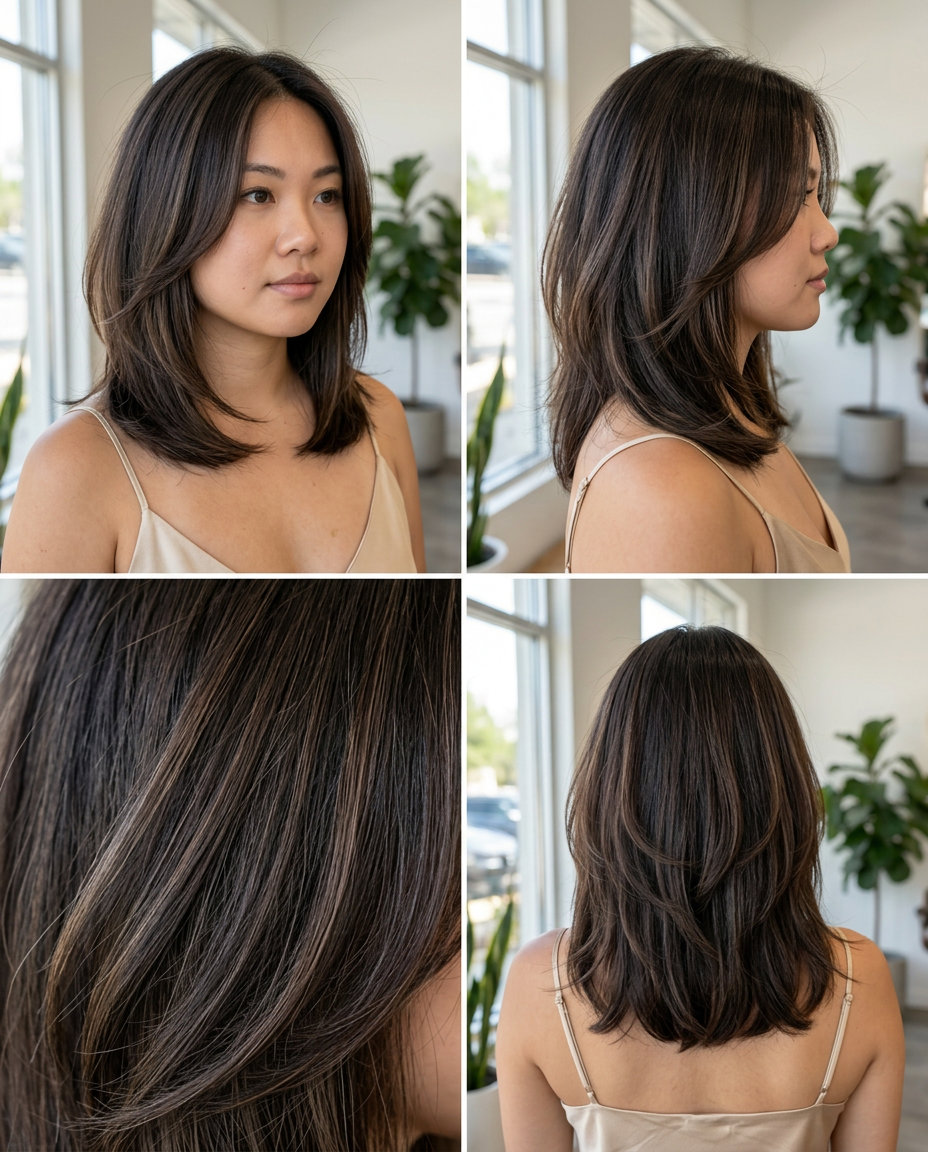 collarbone-length Kitty Cut haircut with espresso brunette & ash brown ribbons, rounded internal layers — edgy playful