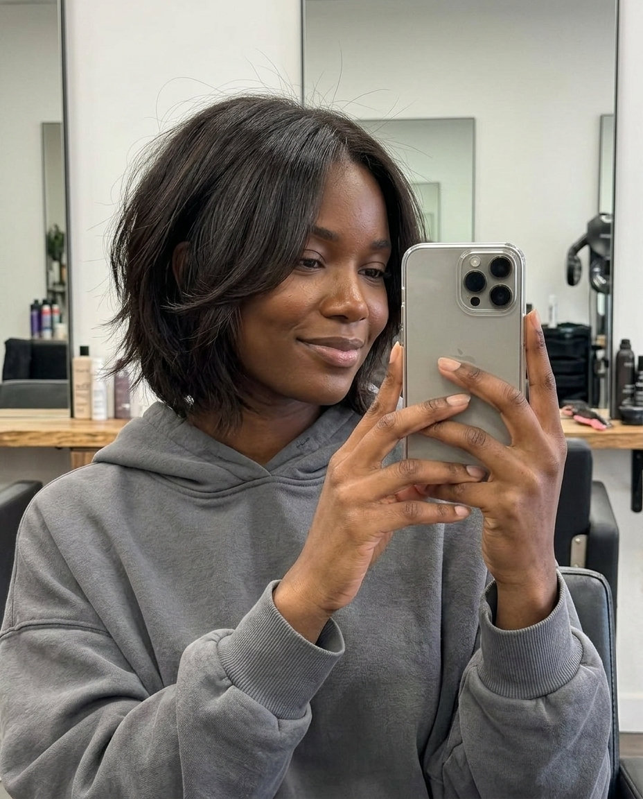 short bixie haircut with espresso gloss color, face-framing layers and choppy texture — effortless chic style