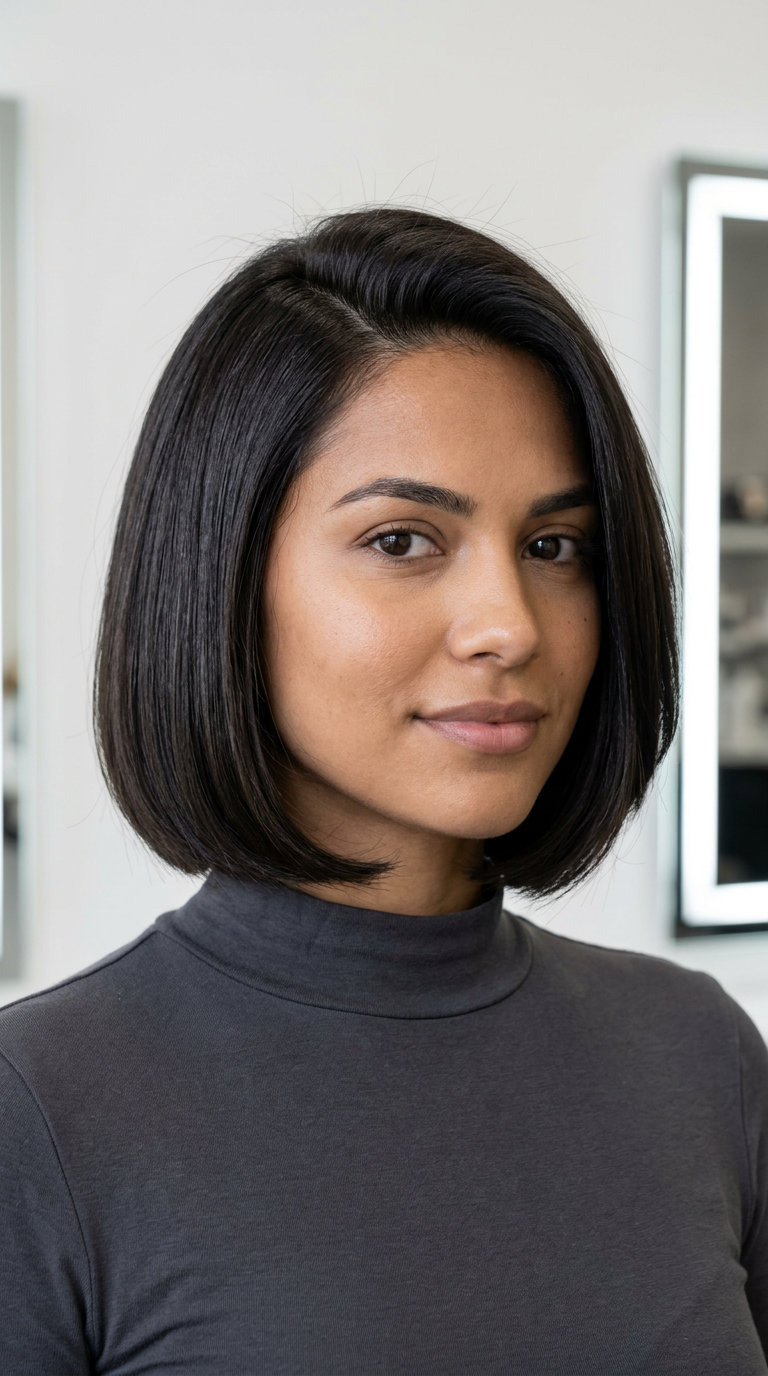 short Italian bob with espresso gloss color, blunt perimeter and deep side part — polished professional style