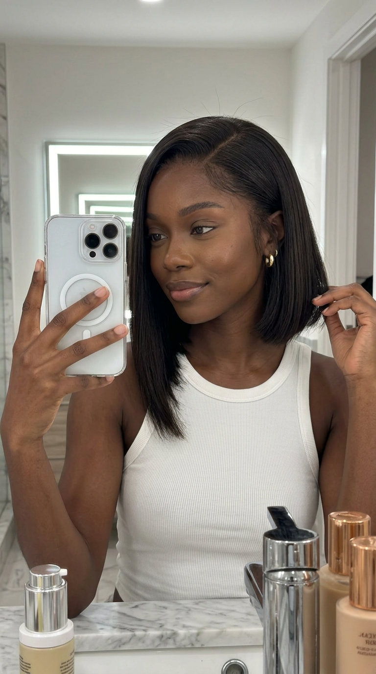 jawline blunt bob haircut with deep espresso, cool undertones, no fringe — edgy fashion event