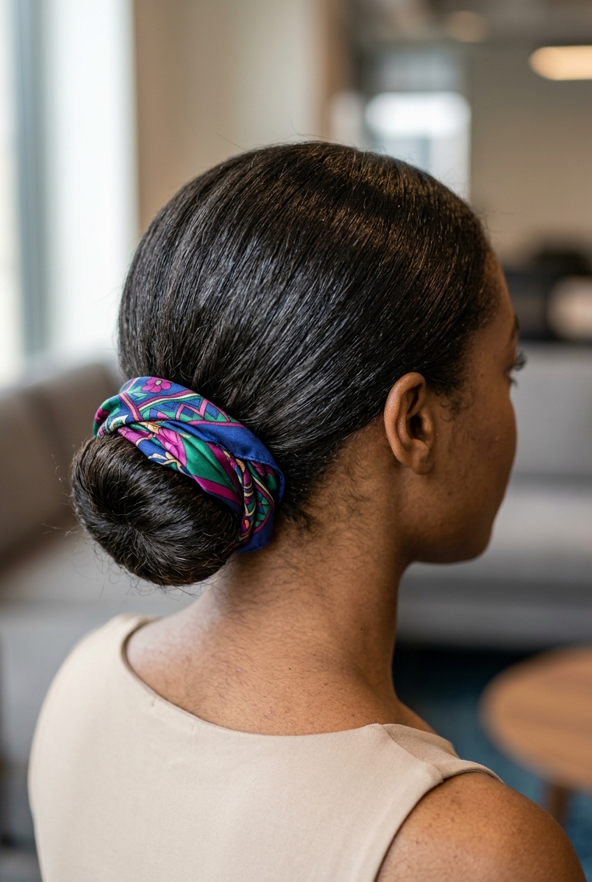 long natural hair bun with rich espresso & emerald green scarf, blunt cut, no fringe — sophisticated