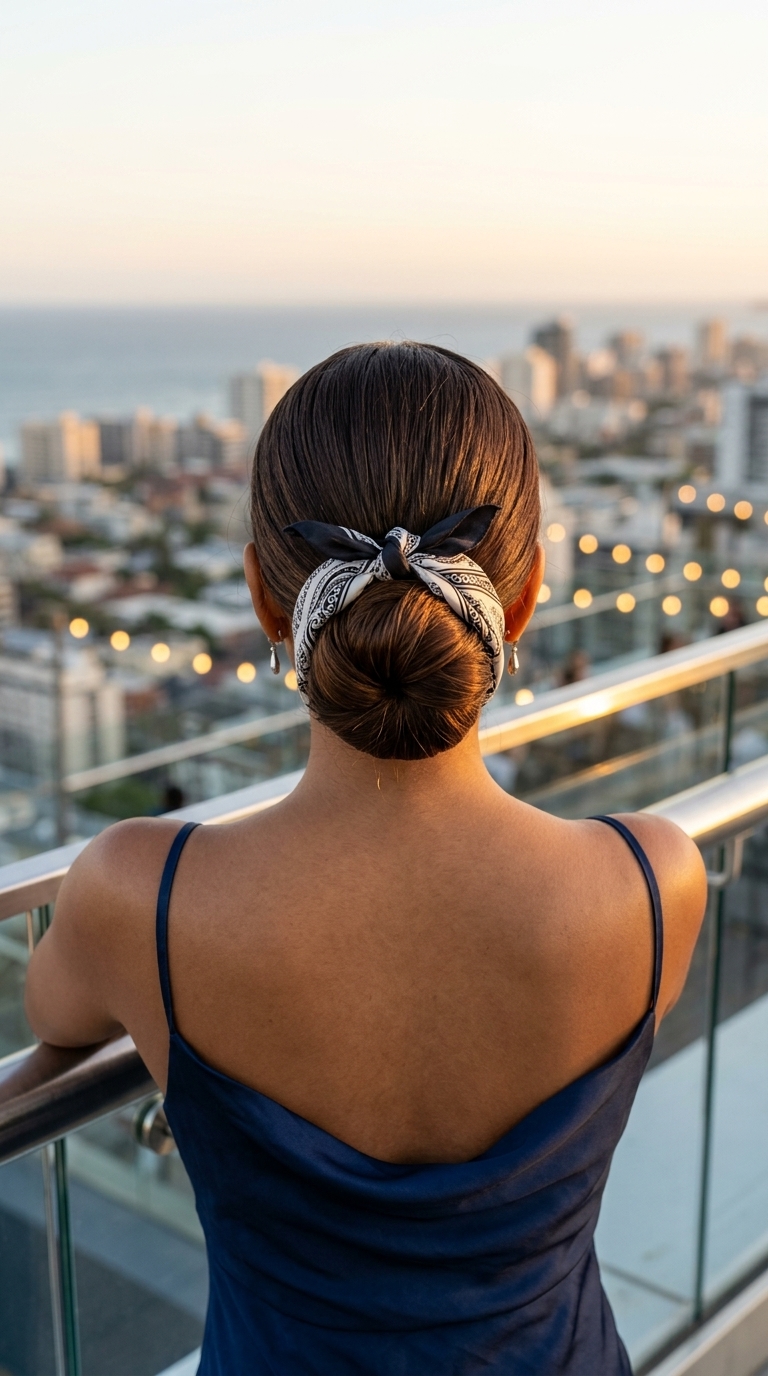 long sleek bun with deep espresso and cool ash, silk scarf accent, polished mood for professional events