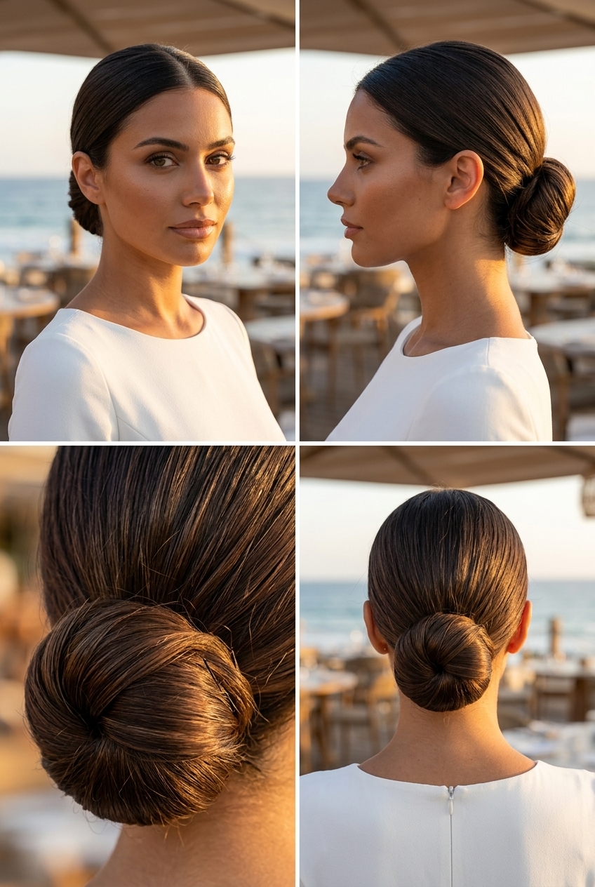 long sleek low bun with espresso roast, 'liquid hair' effect, sophisticated mood for formal occasions