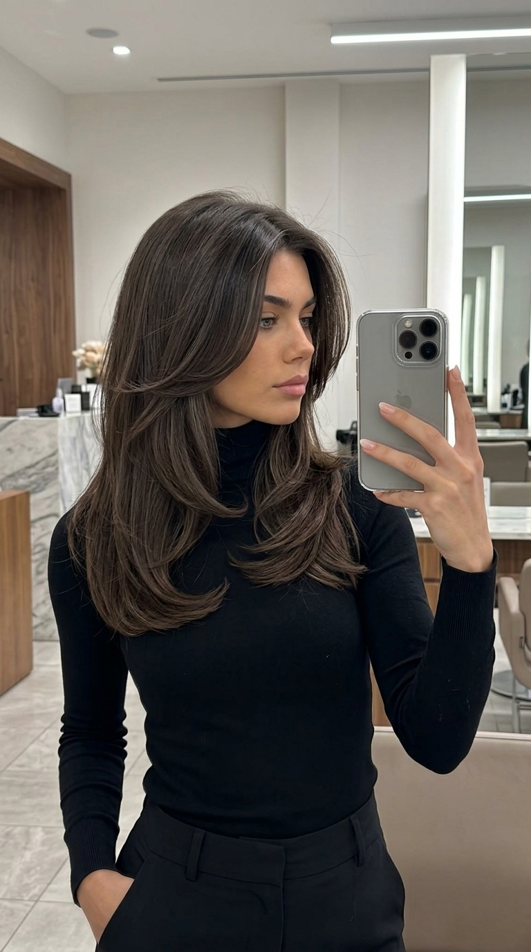 long espresso brunette hair with ash brown ribbons, deep side part, and face-framing 'C' layers for summer