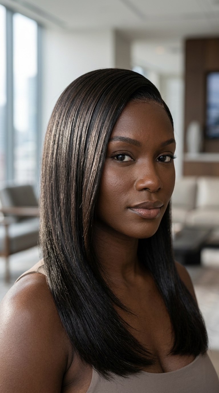 long espresso roast natural hair with deep side part and sleek finish for professional events