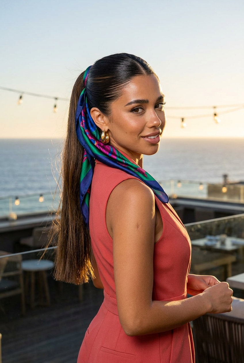 Sleek Espresso Ponytail with Silk Scarf 2026 long espresso roast ponytail with silk scarf for summer 2026