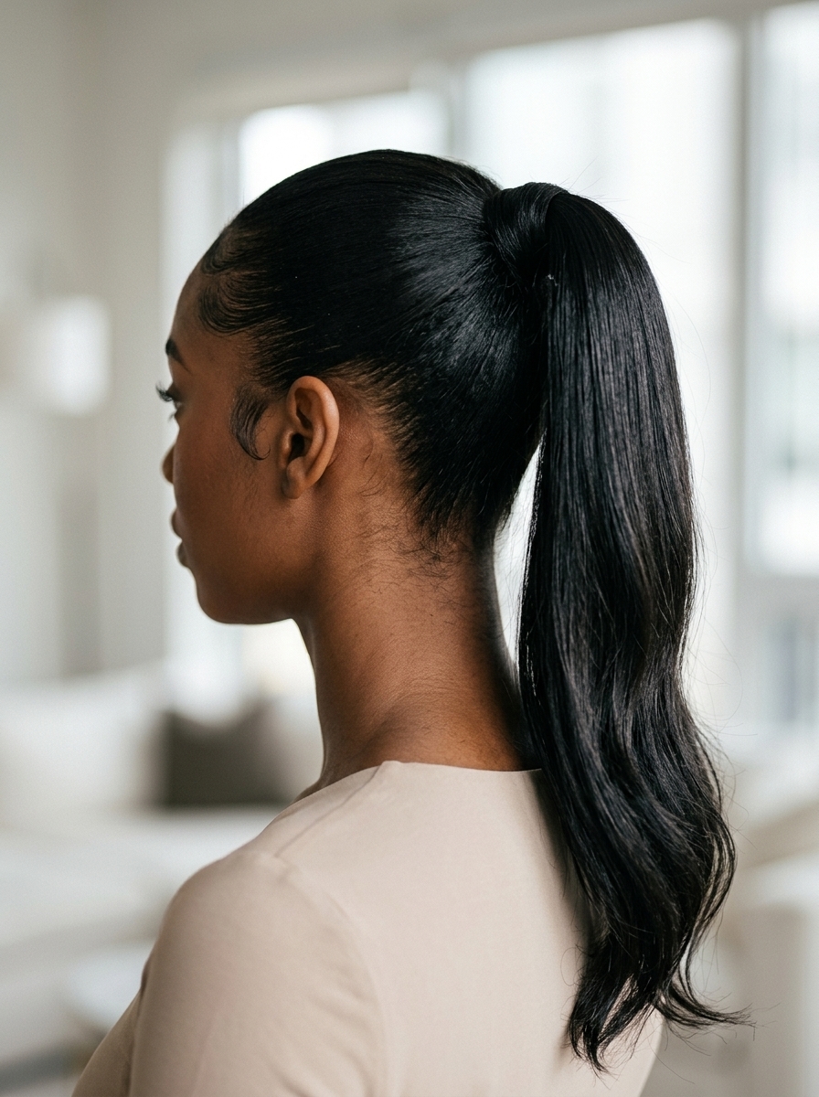 long natural hair ponytail with deep espresso & rich brunette, high-gloss finish, no fringe — polished