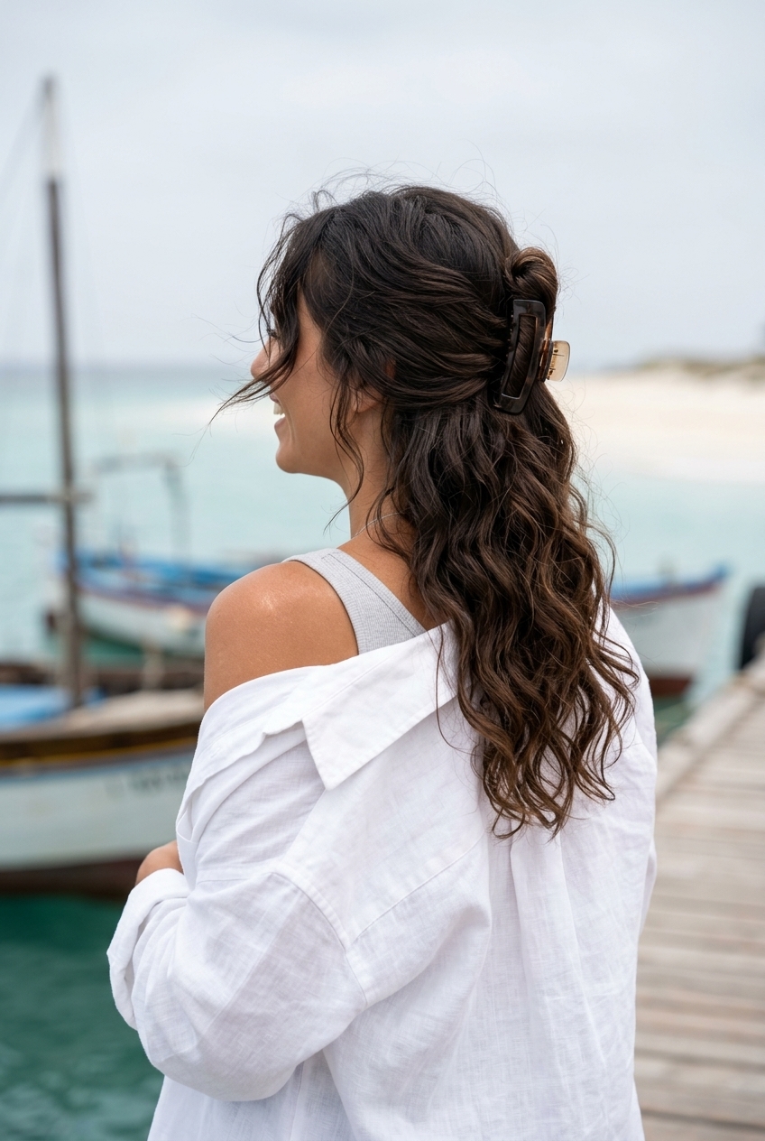 long midnight espresso wavy hairstyle with gloss, heatless sock curls, no fringe — effortless chic
