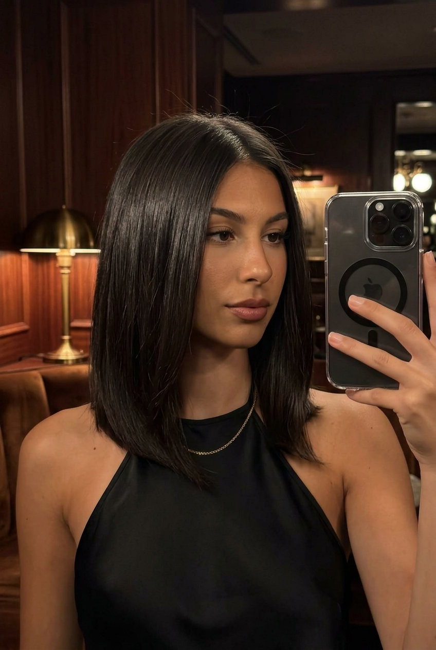 Espresso Martini Lob 2026: Luxe Shine shoulder-length espresso martini lob with cool brunette tones, soft internal layering, minimal face-framing — sophisticated date night