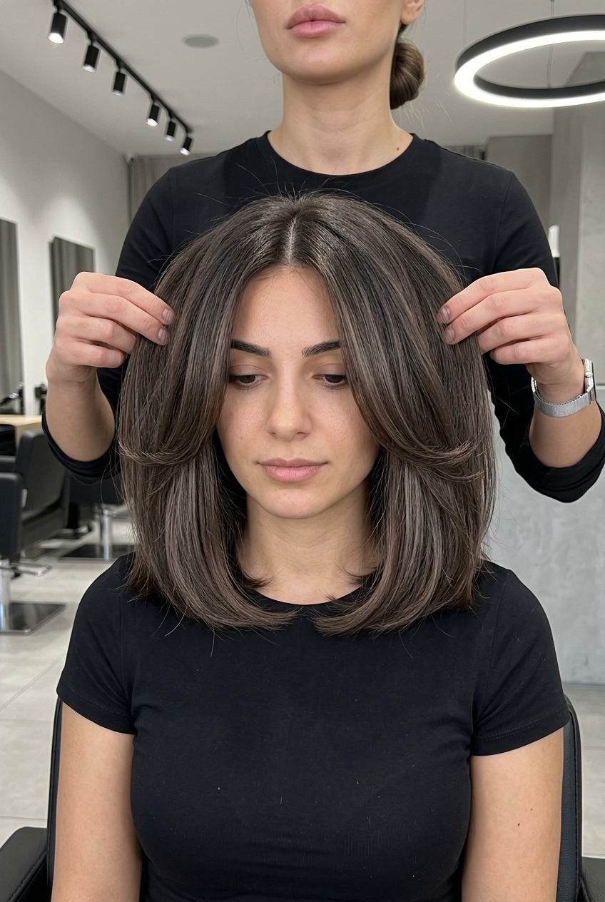 medium espresso brunette haircut with cool ash lowlights and inward-curving 'C' face-framing layers for summer