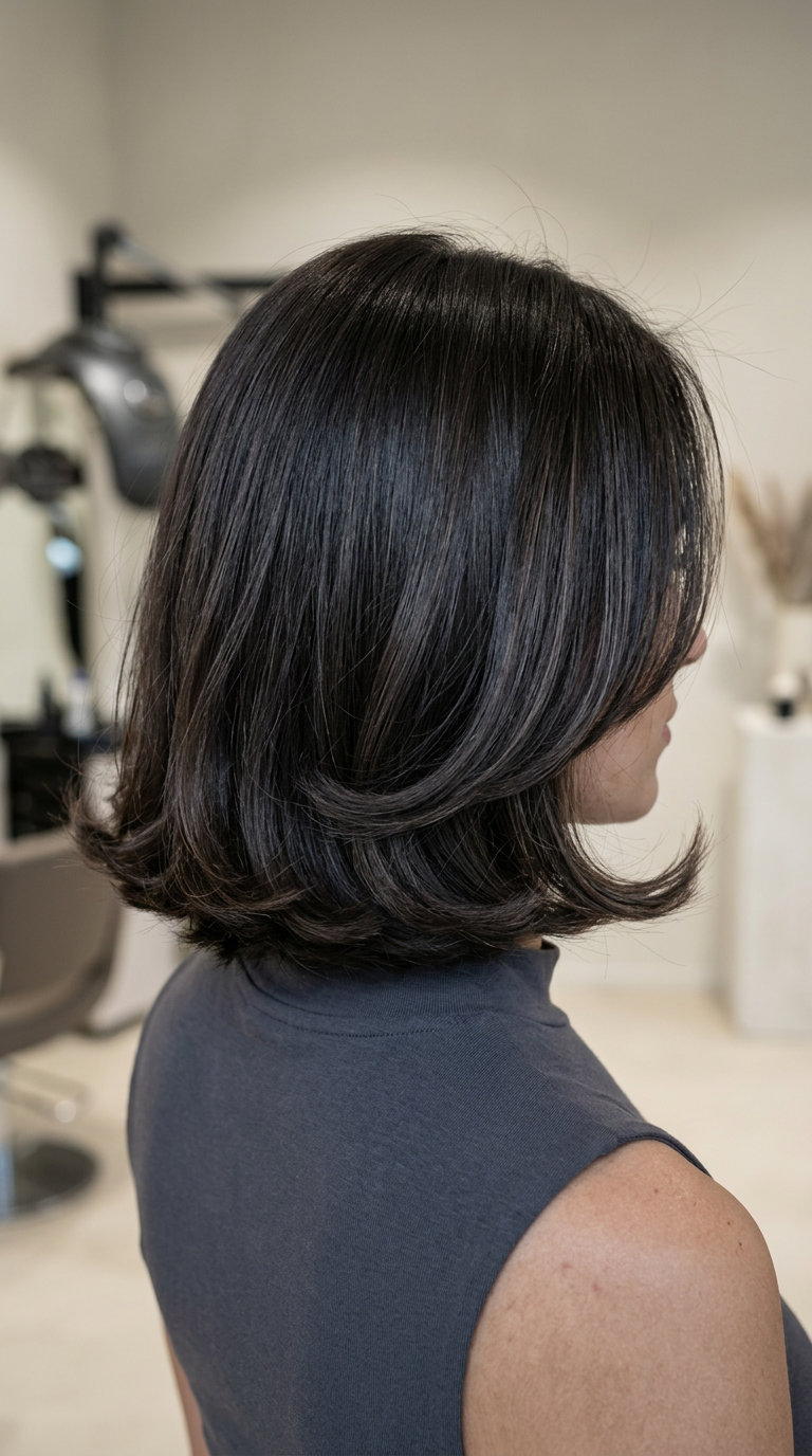 medium-length bob haircut with espresso roast brunette, internal layering, blunt ends for professional