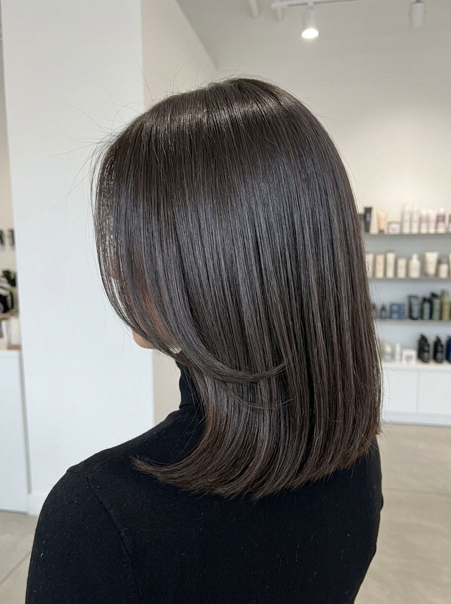medium haircut in deep espresso with C-shaped layers, blunt perimeter for sophisticated look