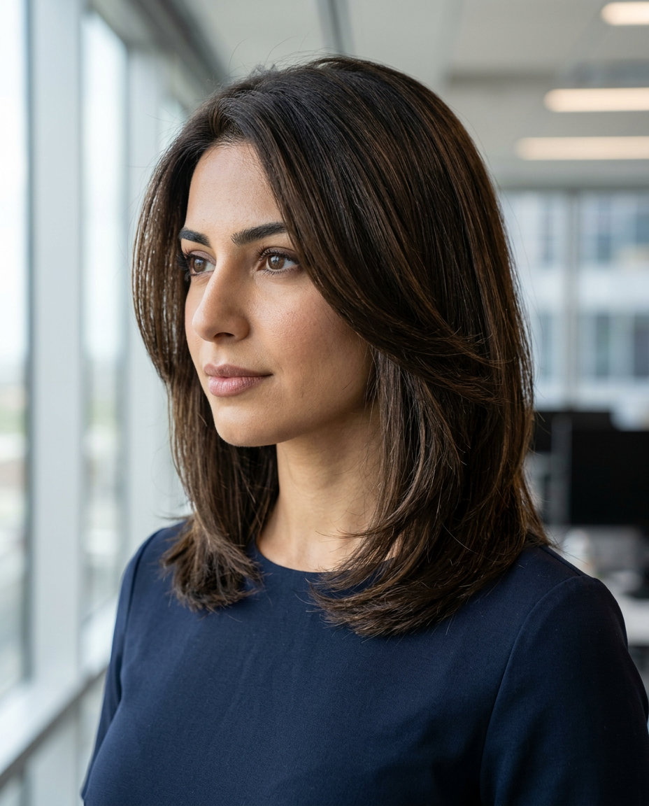 Executive Midi Flick: Espresso Layers 2026 medium layered haircut with Espresso Roast brunette, invisible layering, U-shape back — polished professional look