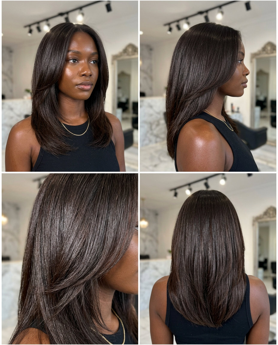 Espresso Roast Brunette Layered Haircut 2026 medium layered haircut with Espresso Roast brunette, seamless layers, no bangs — sophisticated office look