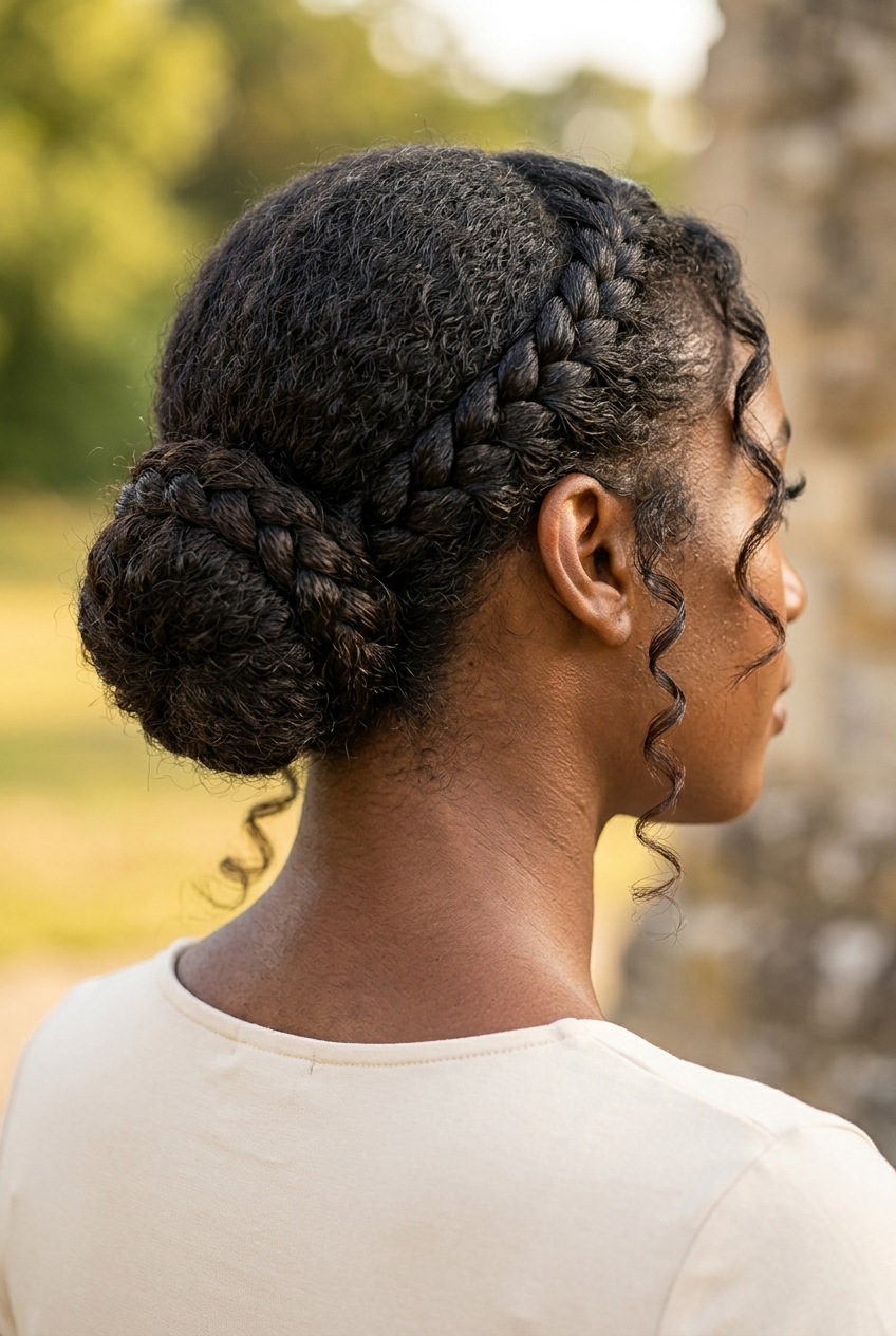 medium natural hair braided bun with deep brown, romantic tendrils and sleek finish — elegant formal