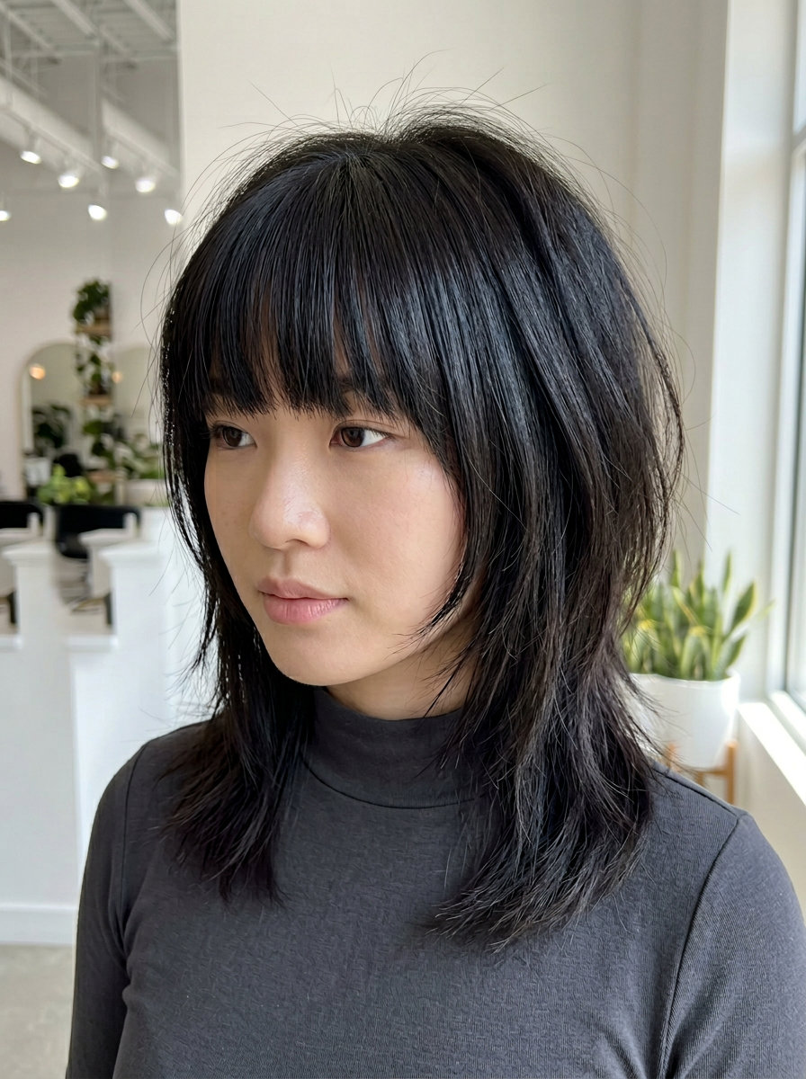 medium espresso brunette shag with cool blue-black undertones, textured layers, blunt fringe — edgy date night
