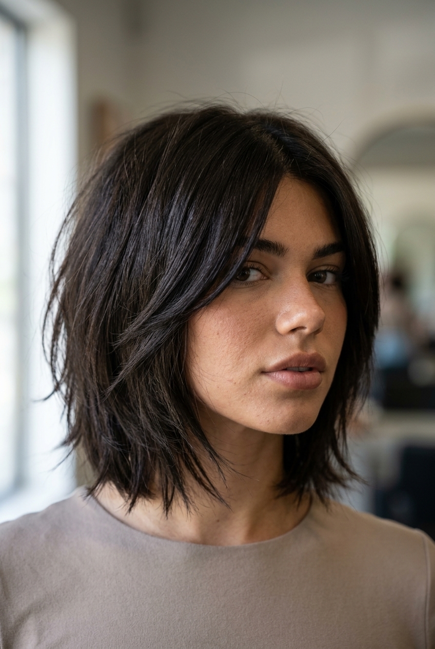 Espresso Roast Choppy Bob 2026 neck-length choppy bob haircut with espresso brunette, cool undertones, and razored layers for edgy style