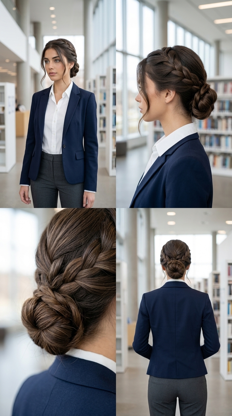Chic French Braid Bun: Polished Updo 2026 long espresso roast French braid bun with cool ash lowlights, polished texture, no fringe — professional chic updo