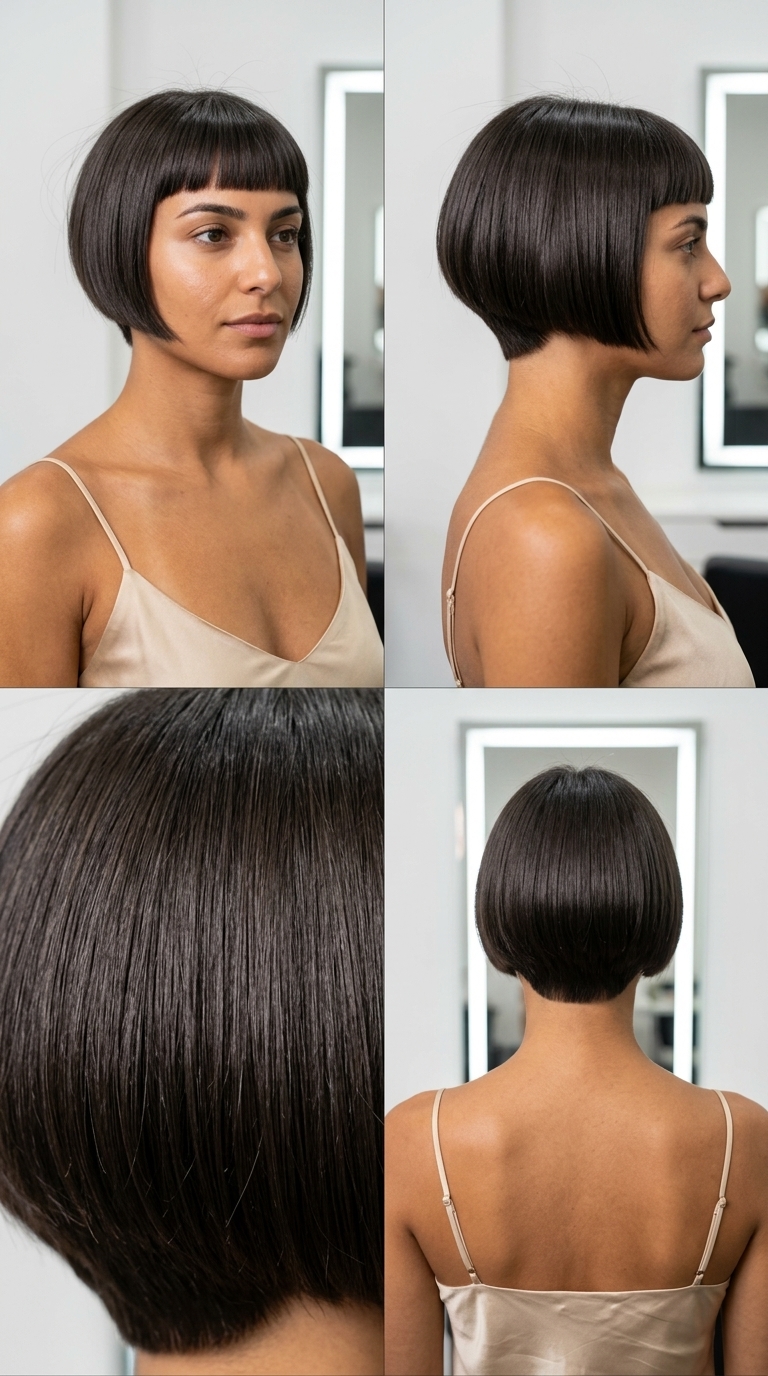 short deep espresso bixie haircut with cool ash undertones, micro-bangs, blunt perimeter — edgy