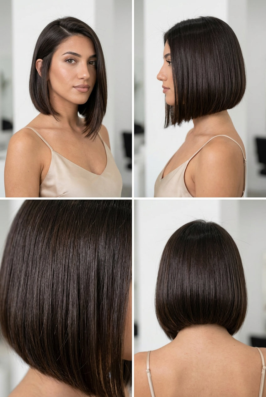short espresso brunette A-line bob with high-gloss finish, blunt cut, deep side part — professional sleek