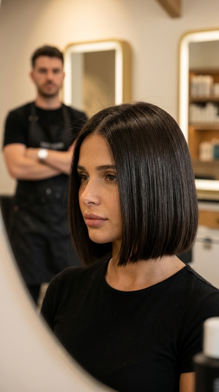 short french bob haircut in deep espresso brunette with high gloss, blunt perimeter, deep side part — sophisticated look