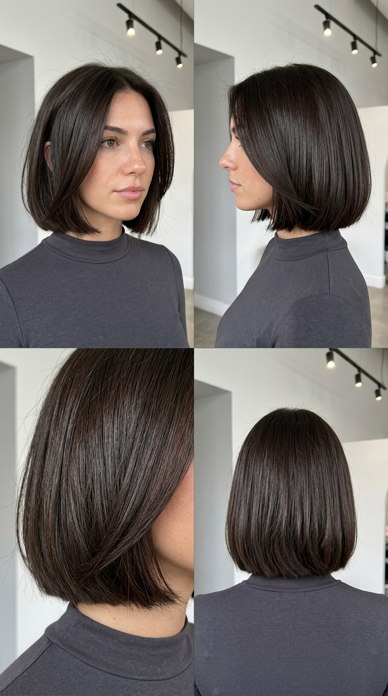 short textured bob haircut with espresso brunette, high-gloss finish, blunt perimeter — polished corporate