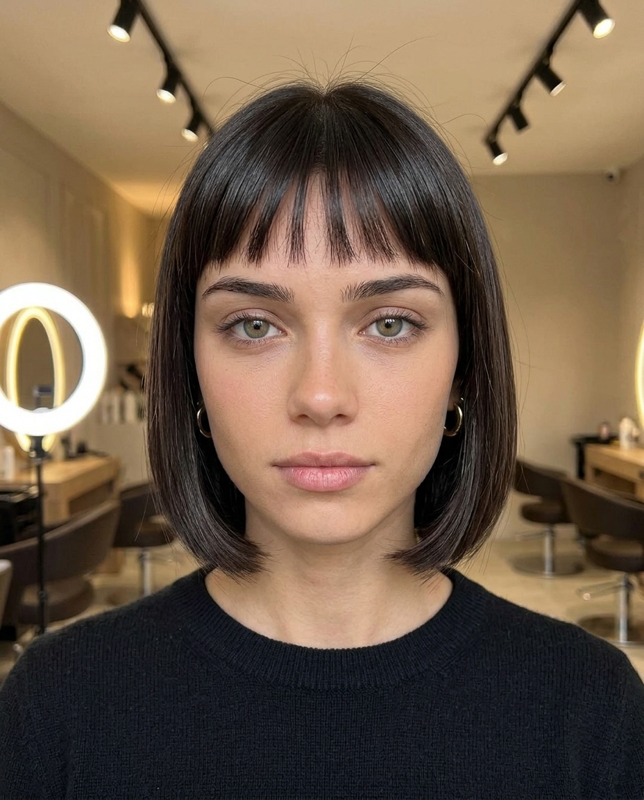 short french bob haircut in deep espresso brunette with high gloss, blunt perimeter, eye-skimming micro-fringe — minimalist chic look