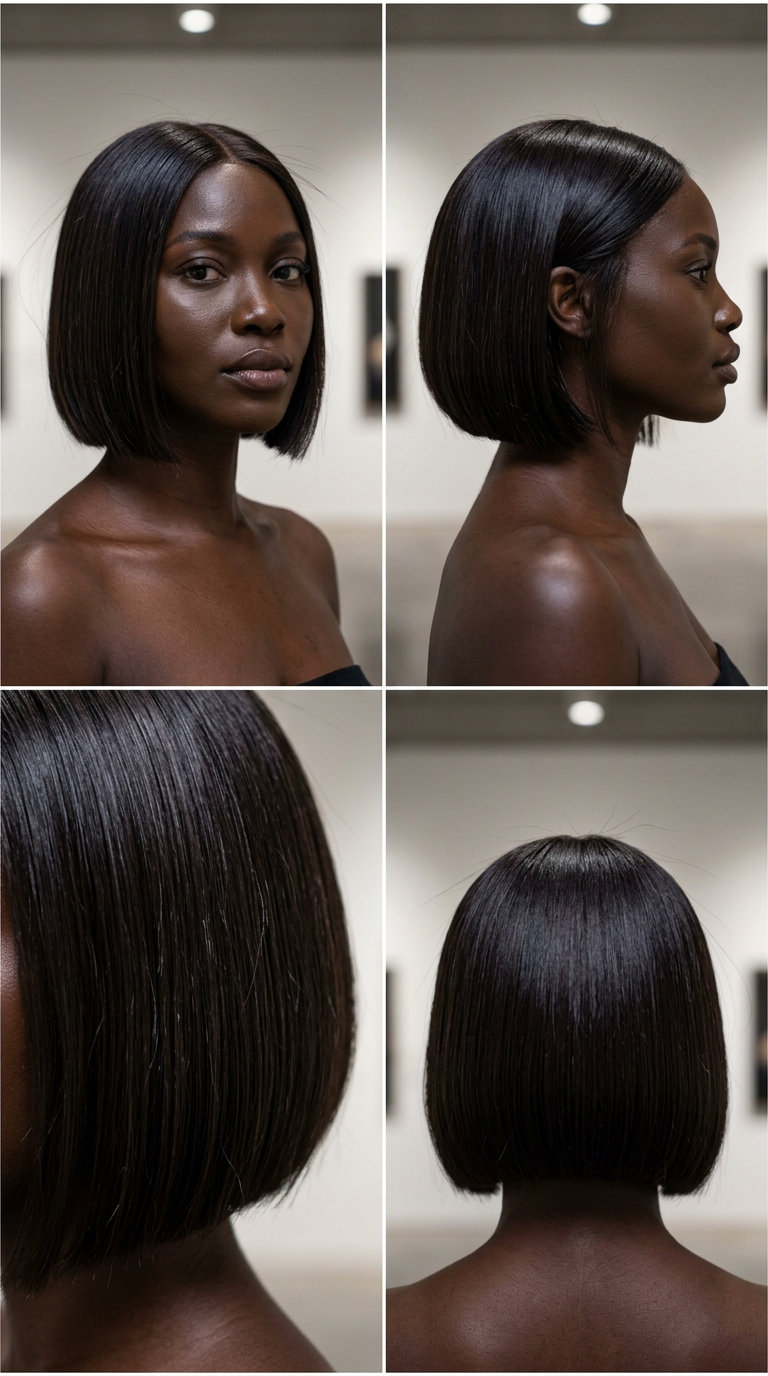 Chic Midnight Espresso French Bob 2026 short French bob in midnight espresso brunette with razor-sharp perimeter and no bangs for professional events