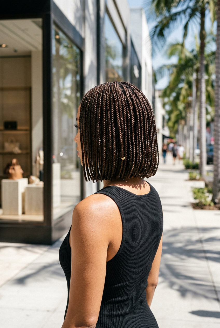 Chic Espresso Micro-Braid Bob 2026 short espresso braids hairstyle 2026 with blunt cut and high-shine finish for gallery