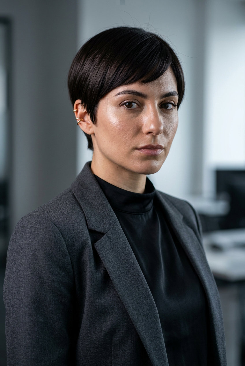 Sharp Midnight Espresso Pixie 2026 short pixie in midnight espresso with blunt cut and side-swept micro-fringe for corporate meetings