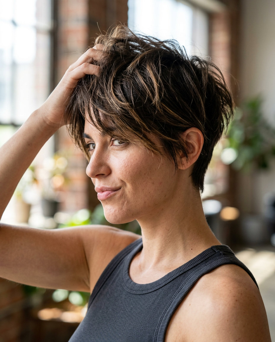 short pixie shag haircut in espresso brunette with cocoa lowlights, razored texture for edgy vibe