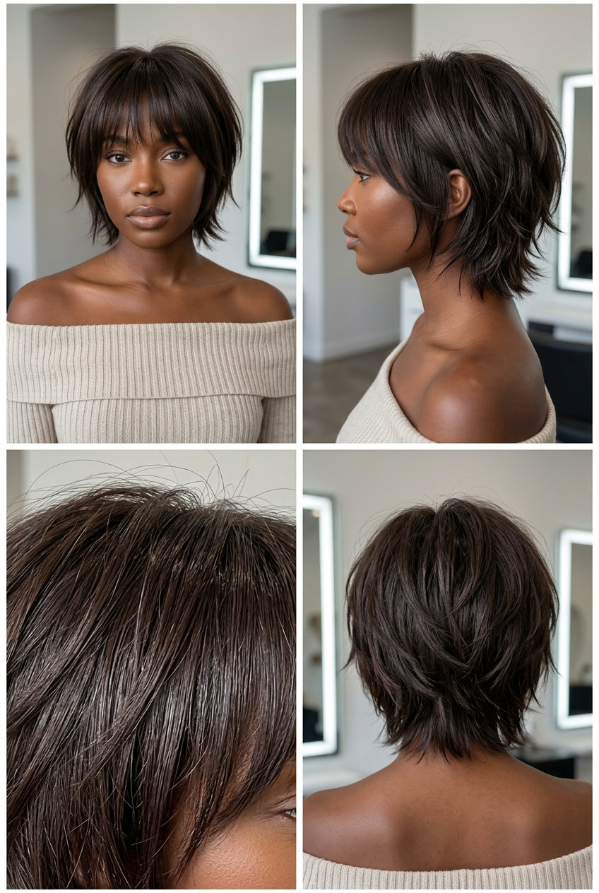 short razor-cut shag with espresso gloss, textured layers and brow-grazing fringe — edgy weekend look