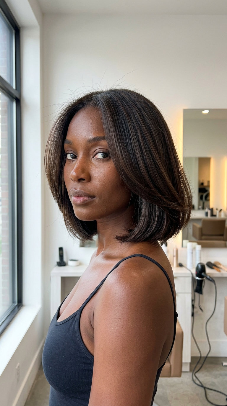 shoulder-length Italian bob haircut in rich espresso brunette with cool chocolate lowlights for summer