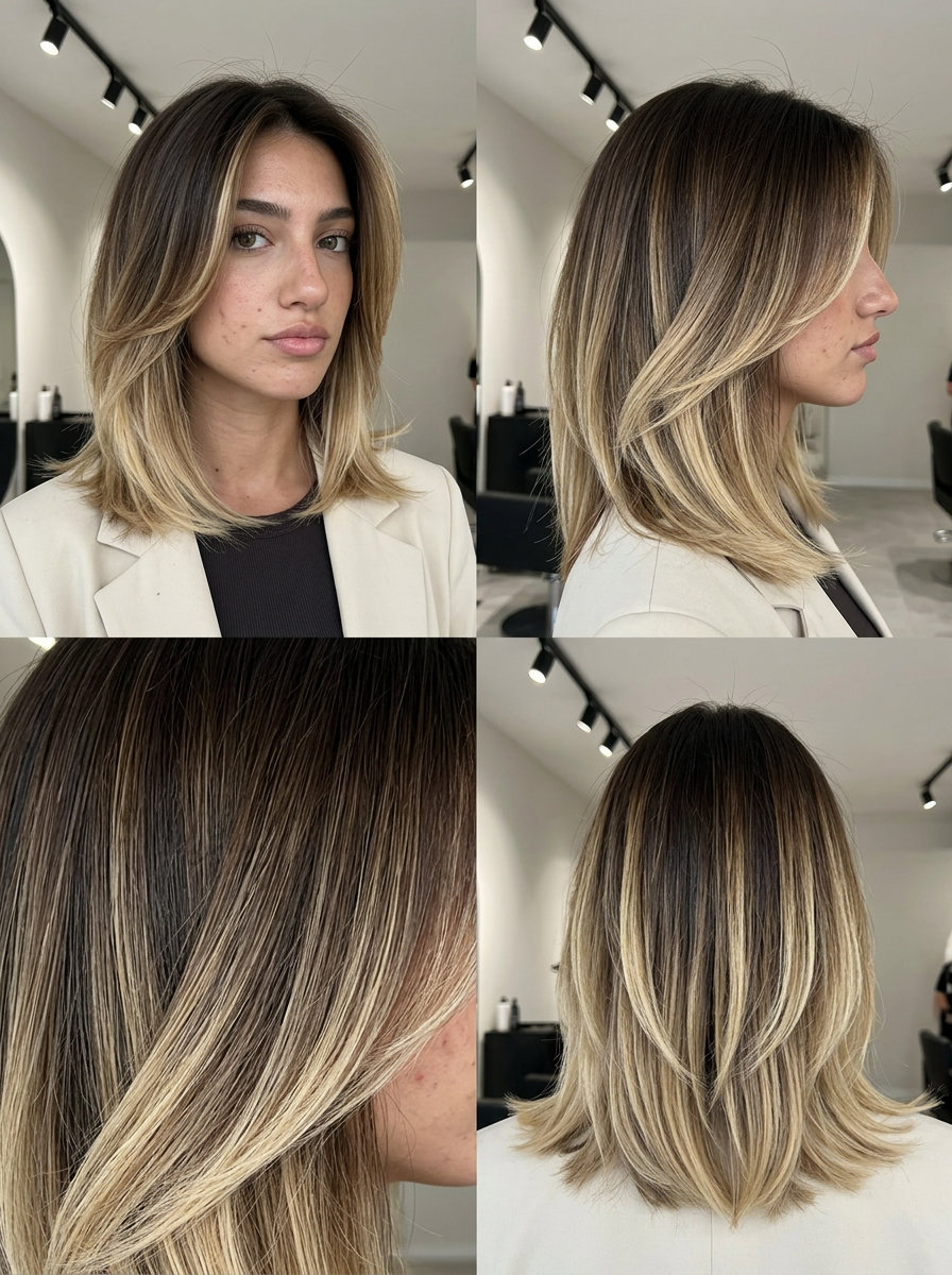 Festival Ombré Layered Haircut 2026 medium layered haircut with espresso to blonde ombré, butterfly layers, no bangs — bold festival look