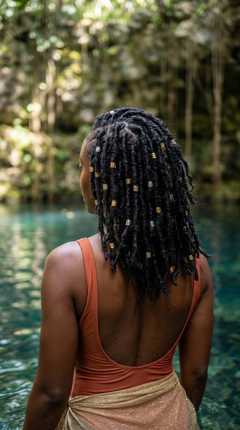 long faux locs with metallic beads and half-up twist for festivals