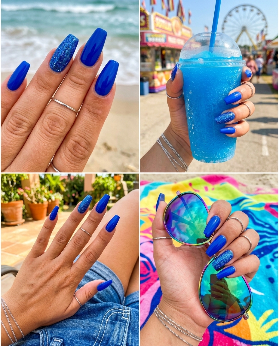 Fun summer nails 2026: Bold cobalt blue with a dazzling fine blue glitter accent nail for parties.