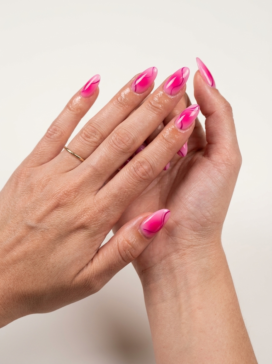 Fun summer nails 2026: Hot pink aura swirls on short squoval nails for a casual outing or festival.