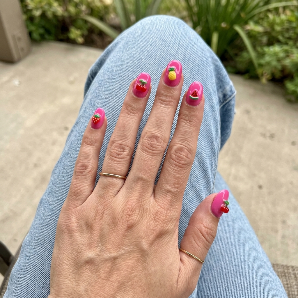 Fun summer nails 2026: Hot pink fruit stand charms on medium coffin nails for a festival.