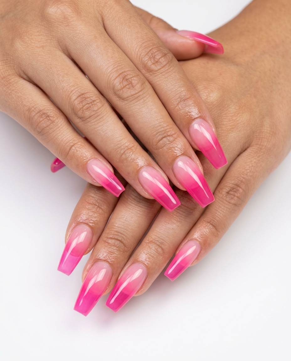 Fun summer nails 2026: Hot pink jelly gradient on long coffin nails for a party or date night.