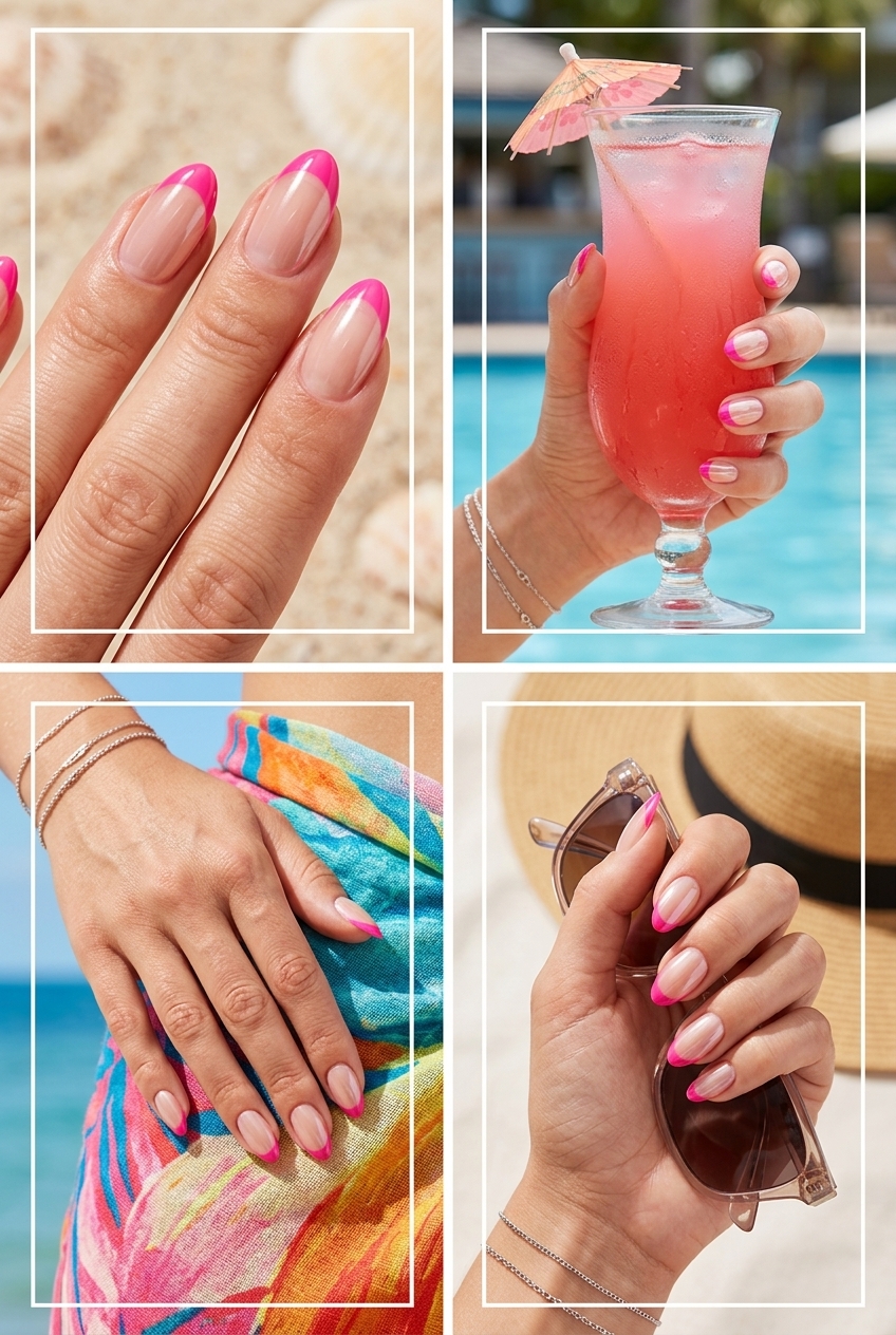 Fun summer nails 2026: Edgy hot pink reverse French tips on clear base for night outs.