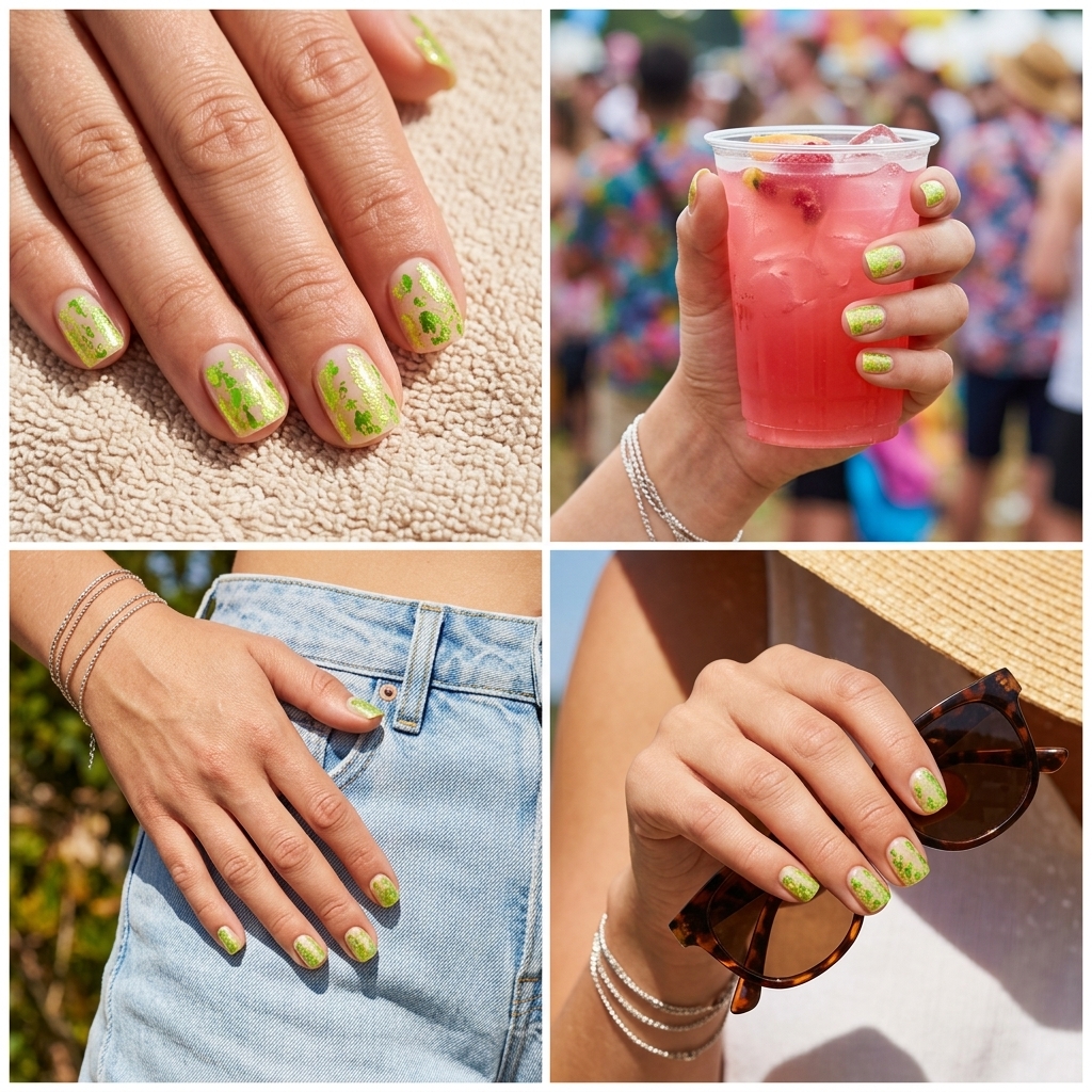 Fun summer nails 2026: Lime green foil flakes on a sheer nude base for a playful vacation look.