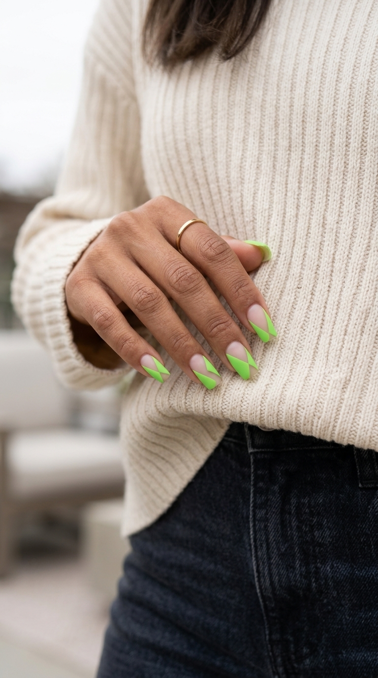 Fun summer nails 2026: Lime green geometric negative space on short squoval nails for a festival.