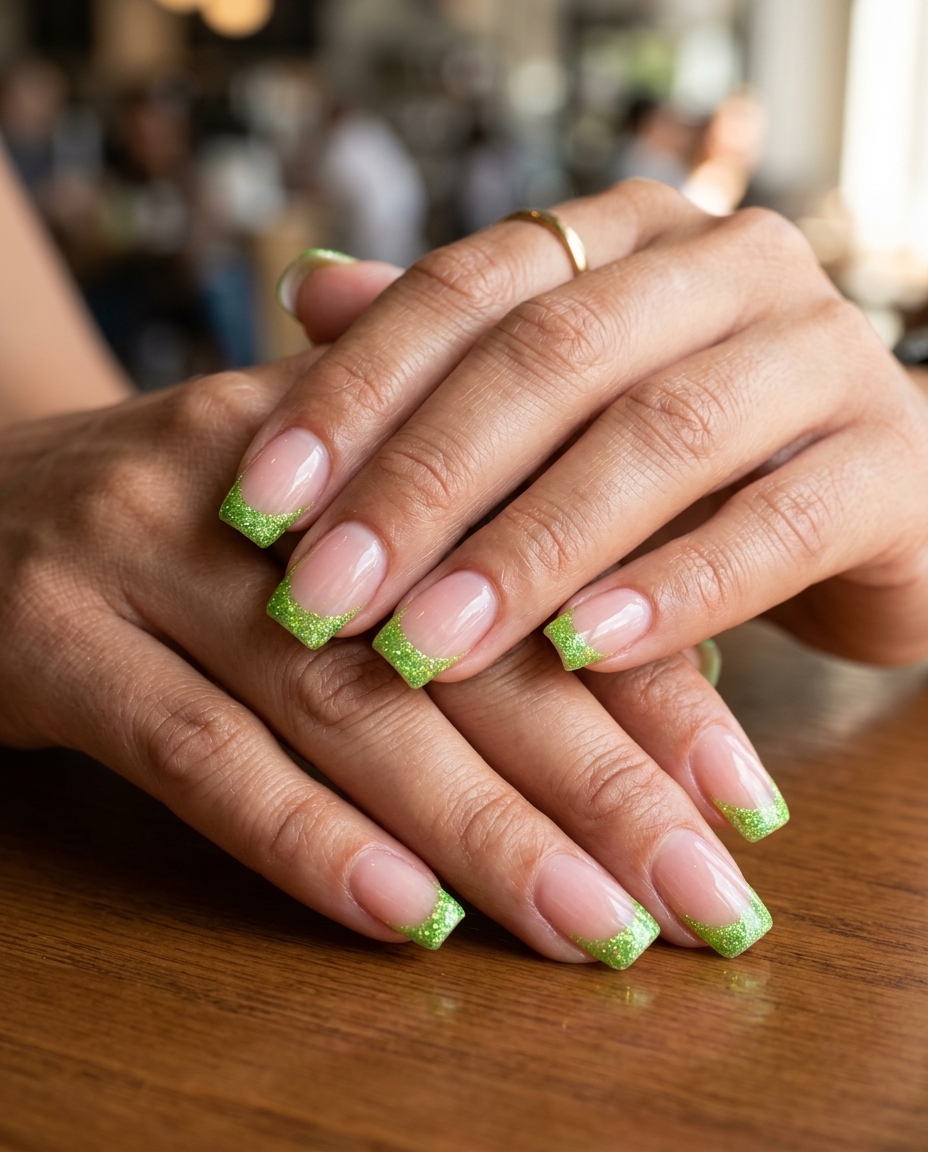 Fun summer nails 2026: Energetic lime green glitter French tips for festivals and parties.